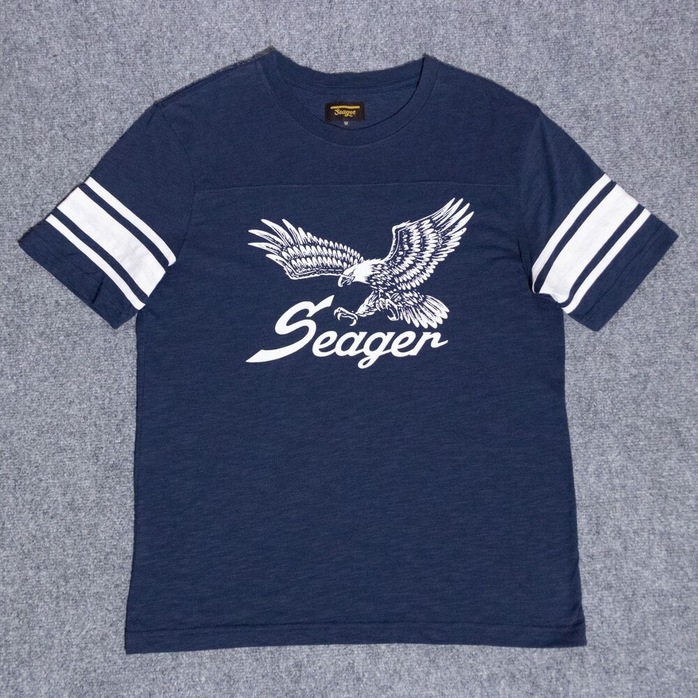 Seager Riggins Eagle Crew Tee Navy Blue Slub Cotton T-Shirt Medium Varsity Retro